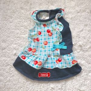 Dog Dress Blue Plaid Ruffle & Cherries